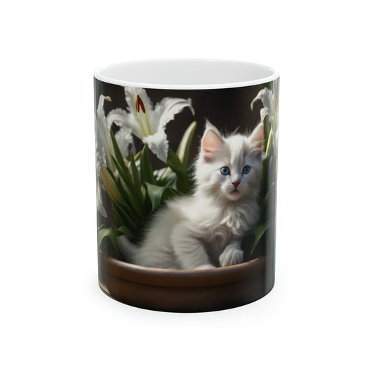 Ceramic Mug, 11oz Kitten in Lilies