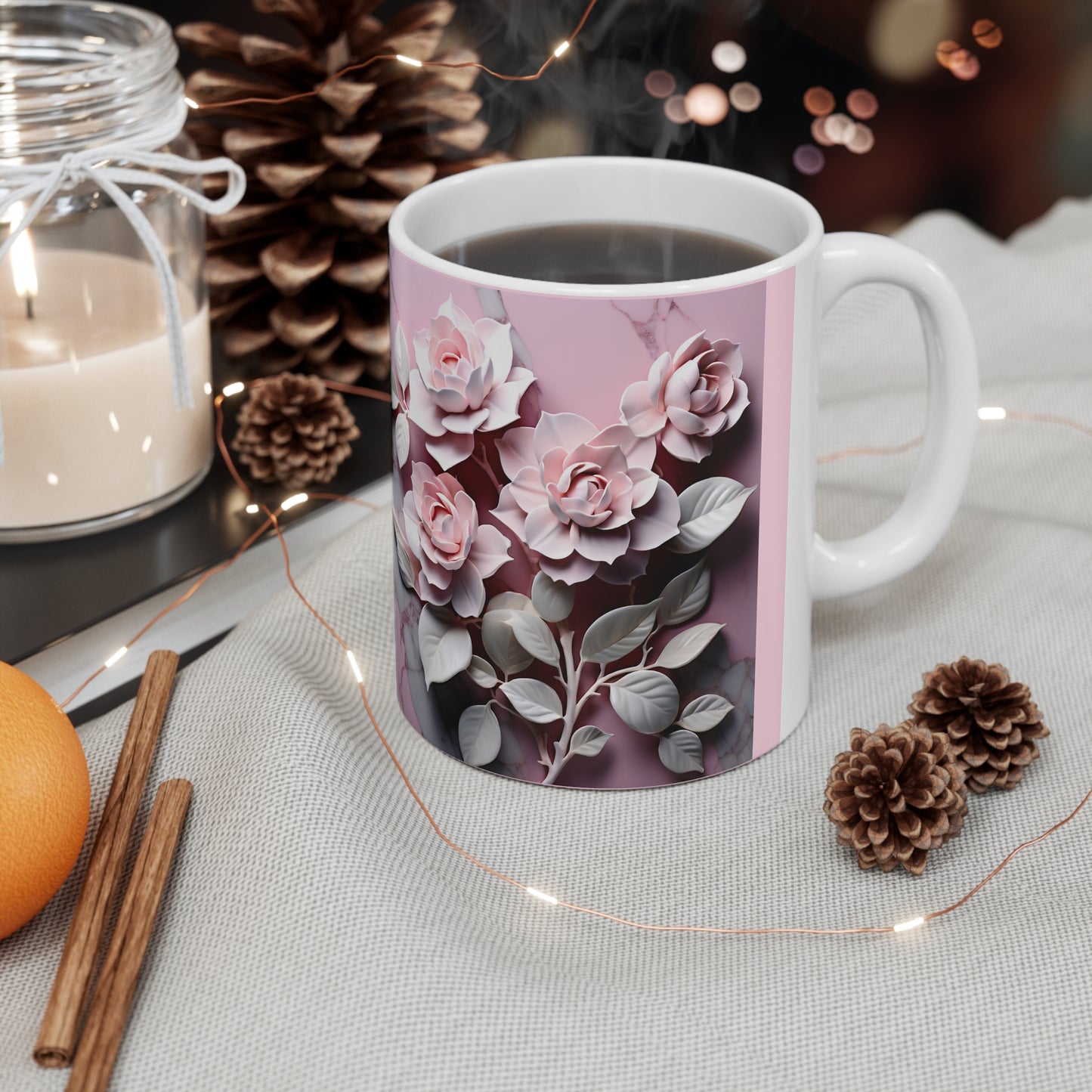 Ceramic Mug 11oz Pink Marble Roses