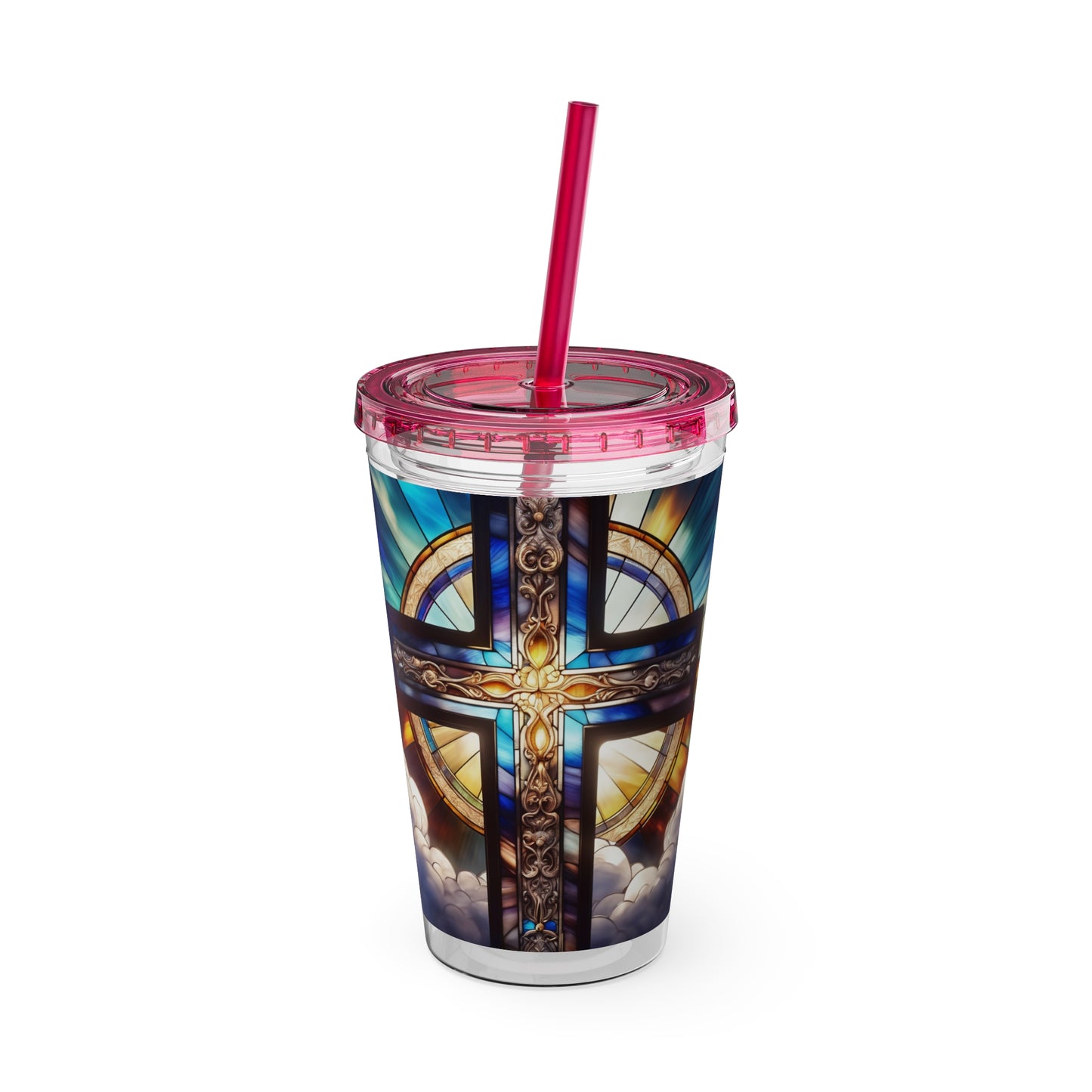 Sunsplash Tumbler with Straw, 16oz Stained Glass Cross 4