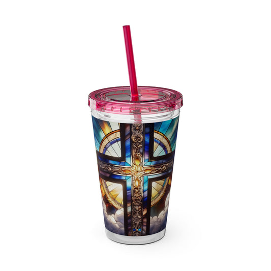 Sunsplash Tumbler with Straw, 16oz Stained Glass Cross 4