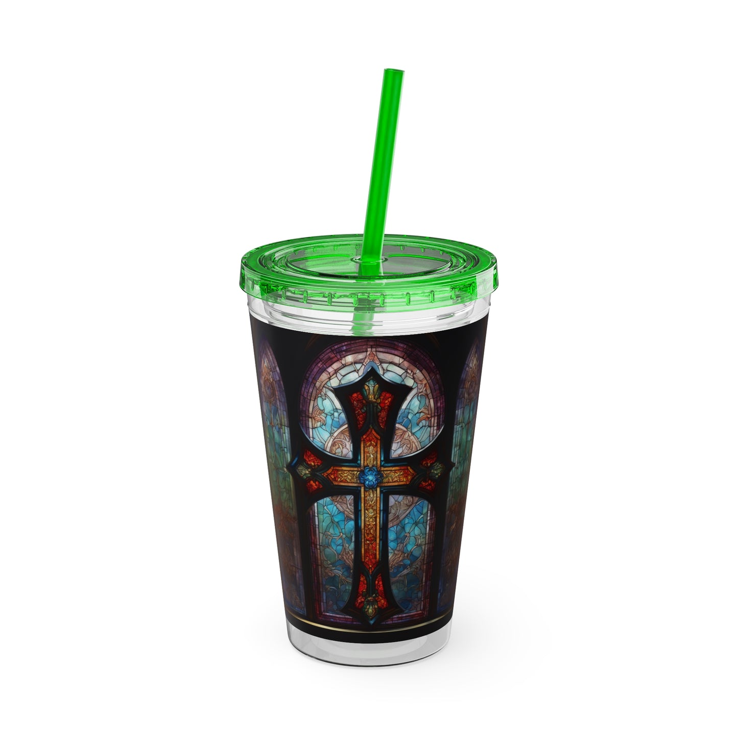 Sunsplash Tumbler with Straw, 16oz Stained Glass Cross