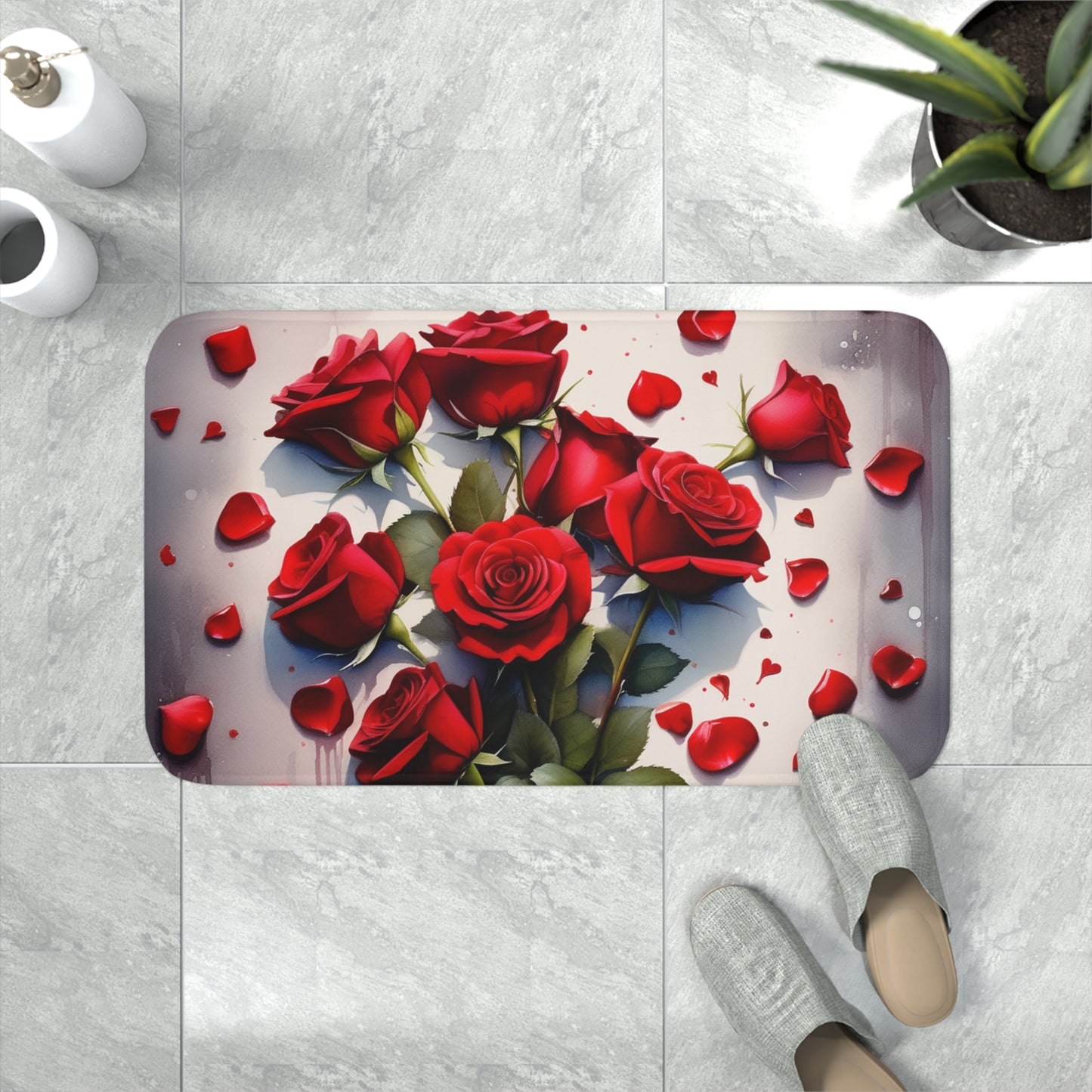 Memory Foam Bath Mat Red Roses