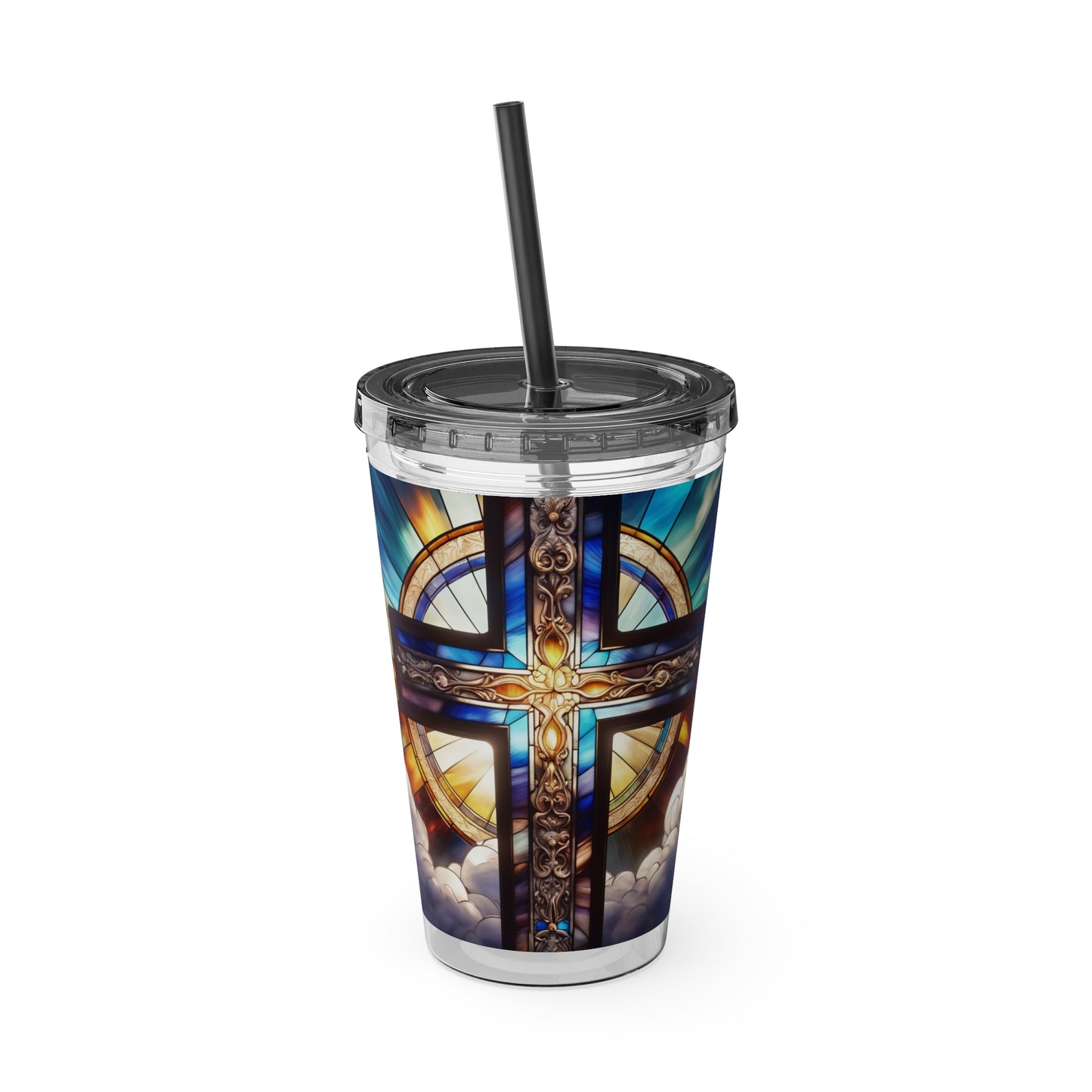 Sunsplash Tumbler with Straw, 16oz Stained Glass Cross 4