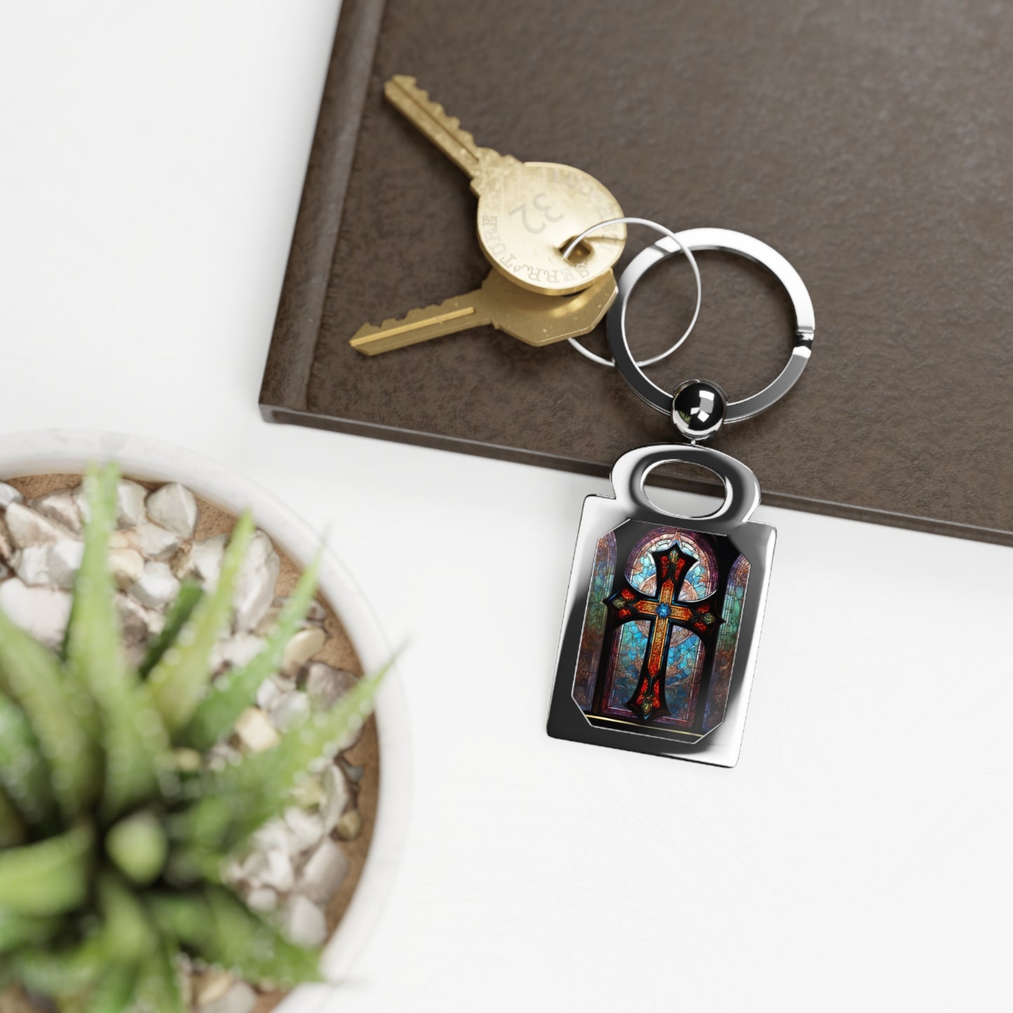 Rectangle Keyring Stained Glass Cross