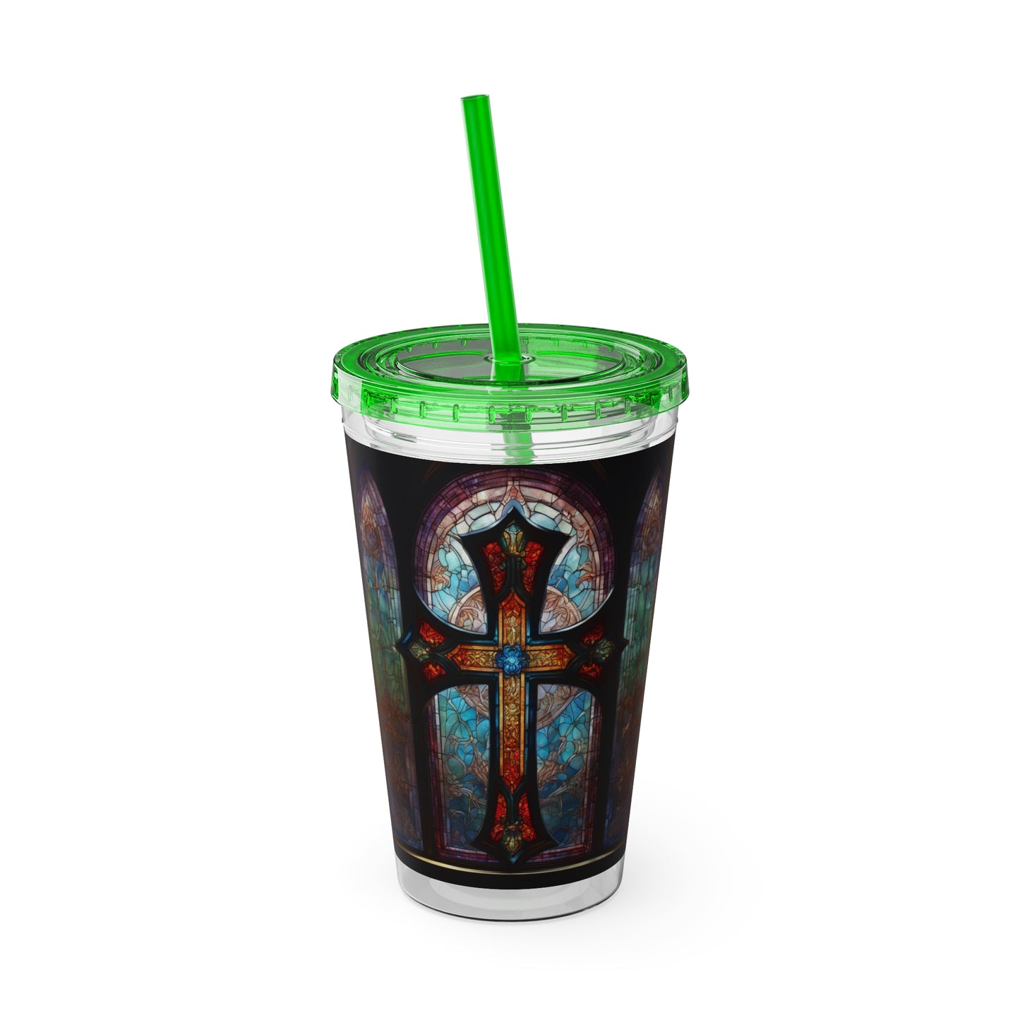 Sunsplash Tumbler with Straw, 16oz Stained Glass Cross