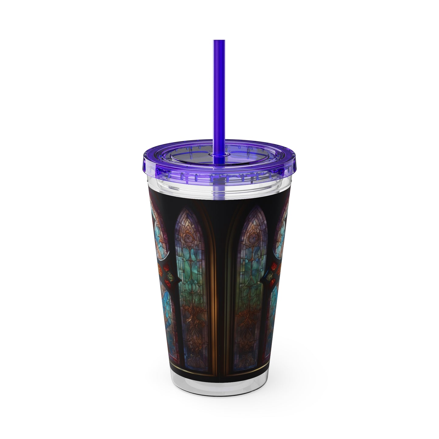 Sunsplash Tumbler with Straw, 16oz Stained Glass Cross