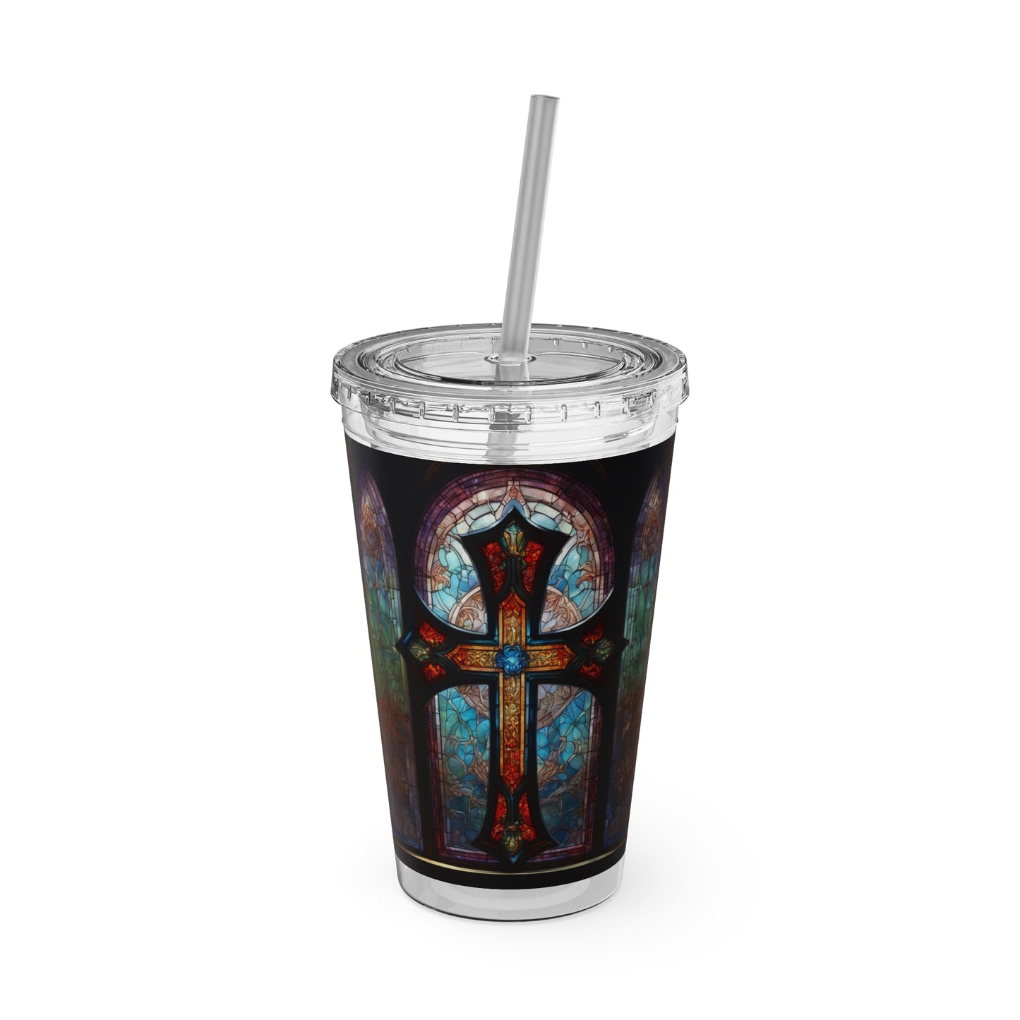 Sunsplash Tumbler with Straw, 16oz Stained Glass Cross