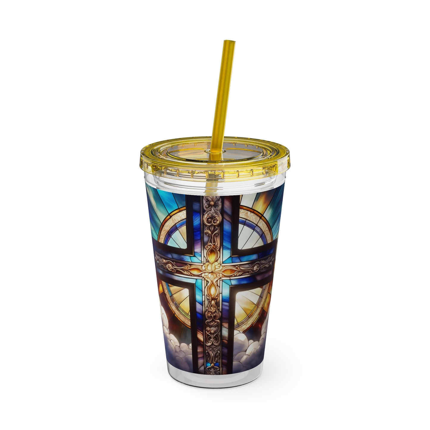 Sunsplash Tumbler with Straw, 16oz Stained Glass Cross 4