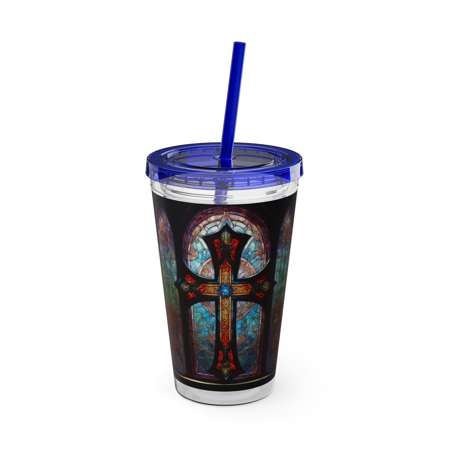 Sunsplash Tumbler with Straw, 16oz Stained Glass Cross