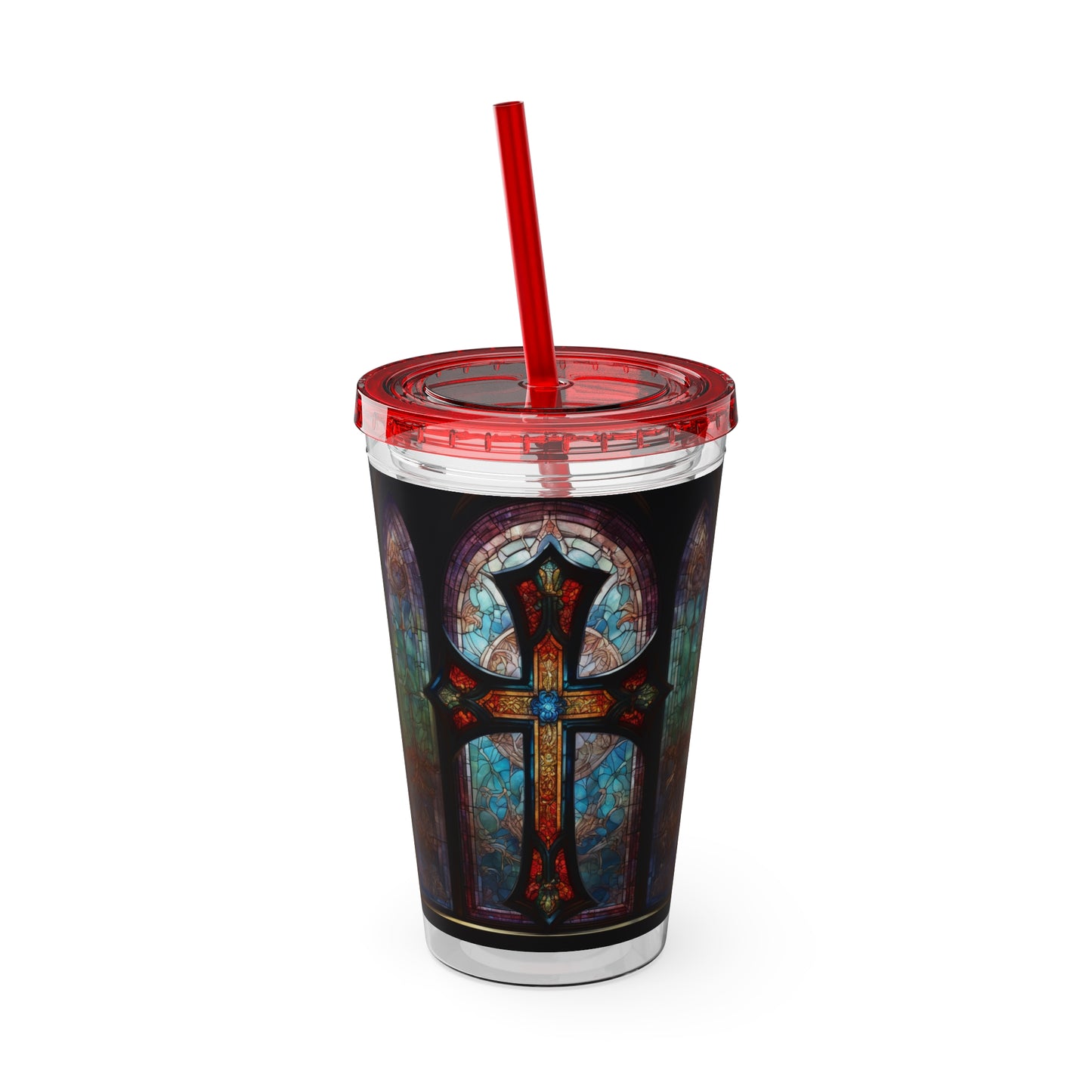 Sunsplash Tumbler with Straw, 16oz Stained Glass Cross