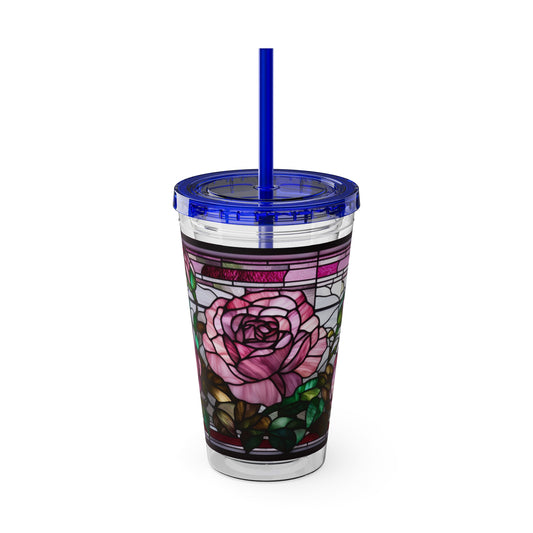 Sunsplash Tumbler with Straw, 16oz Stained Glass Roses