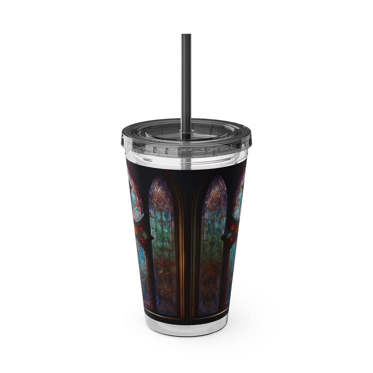 Sunsplash Tumbler with Straw, 16oz Stained Glass Cross