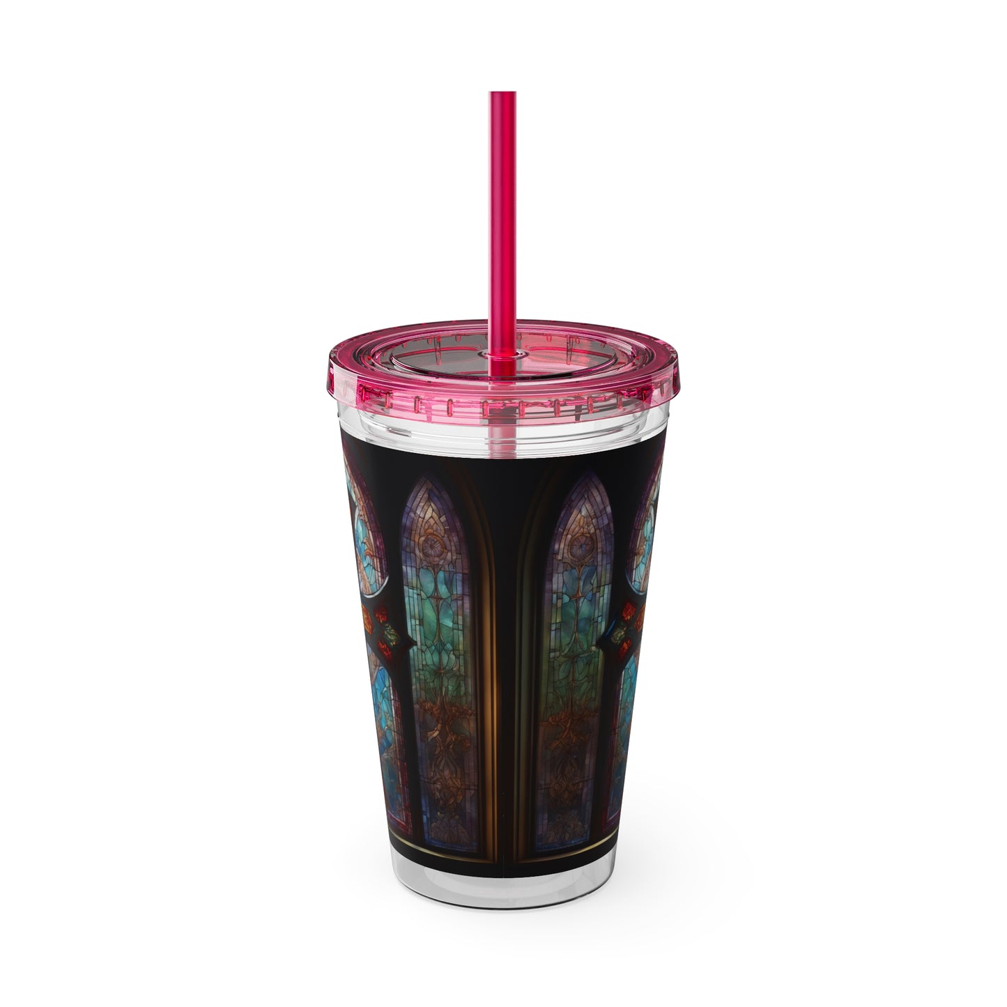 Sunsplash Tumbler with Straw, 16oz Stained Glass Cross