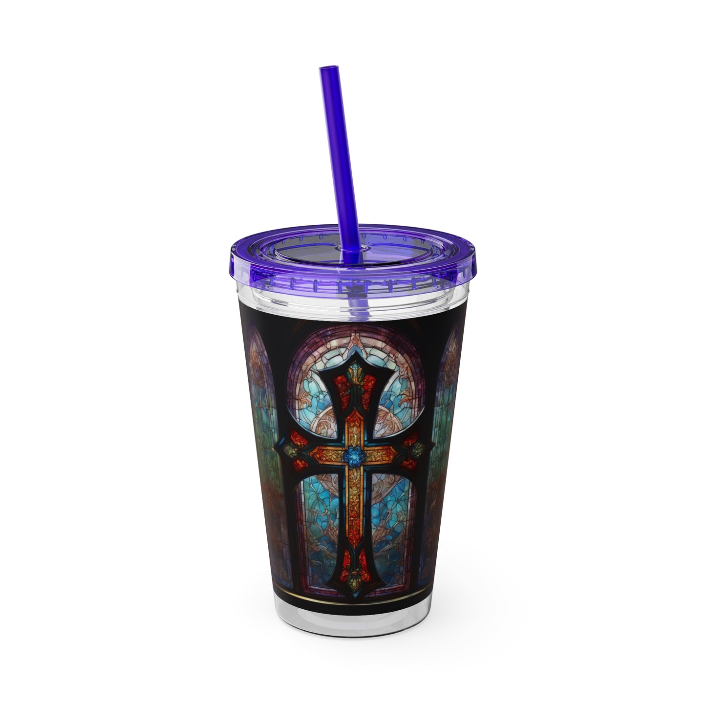 Sunsplash Tumbler with Straw, 16oz Stained Glass Cross