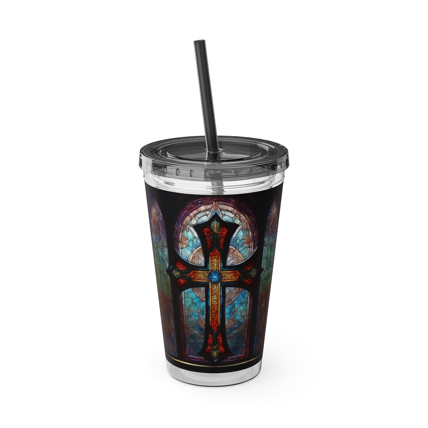 Sunsplash Tumbler with Straw, 16oz Stained Glass Cross