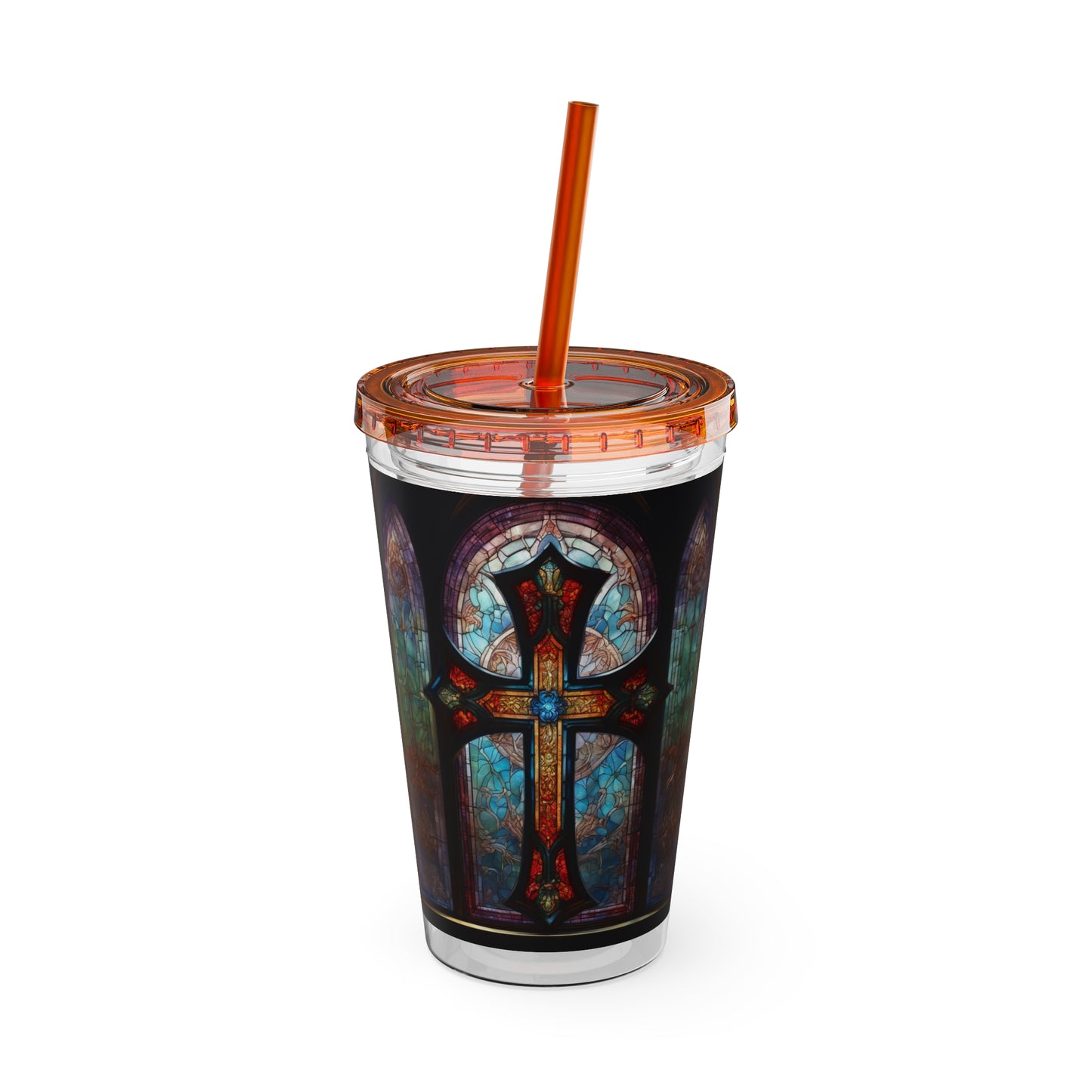 Sunsplash Tumbler with Straw, 16oz Stained Glass Cross