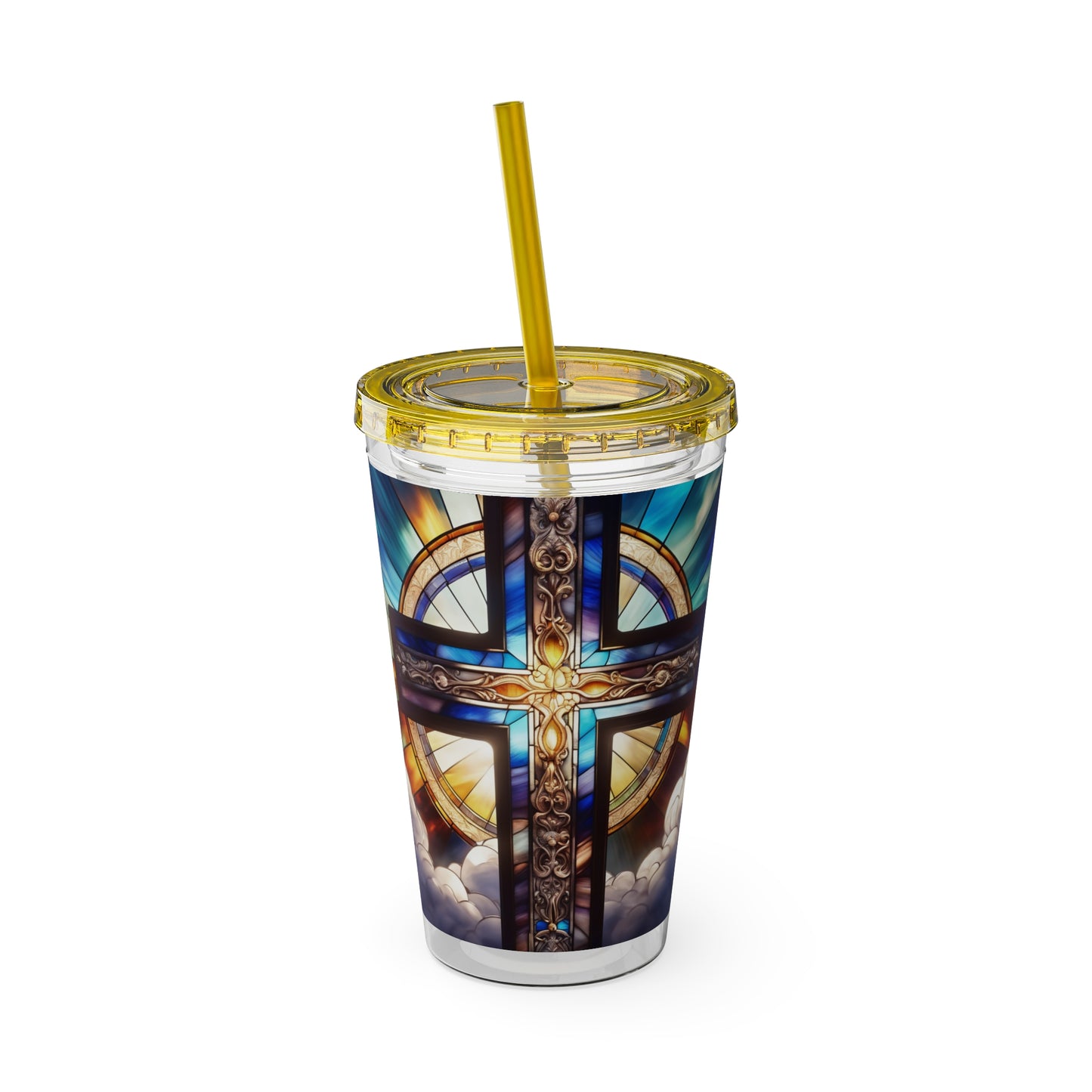 Sunsplash Tumbler with Straw, 16oz Stained Glass Cross 4