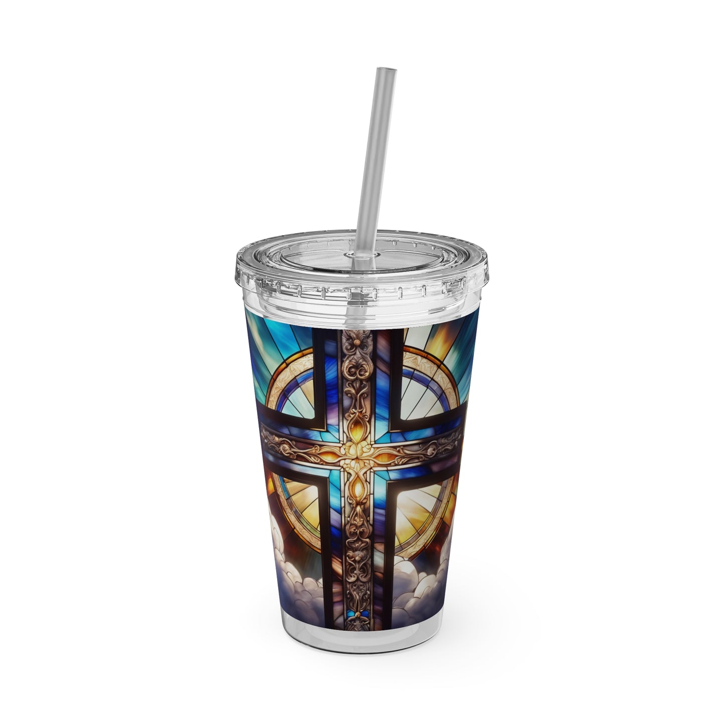 Sunsplash Tumbler with Straw, 16oz Stained Glass Cross 4