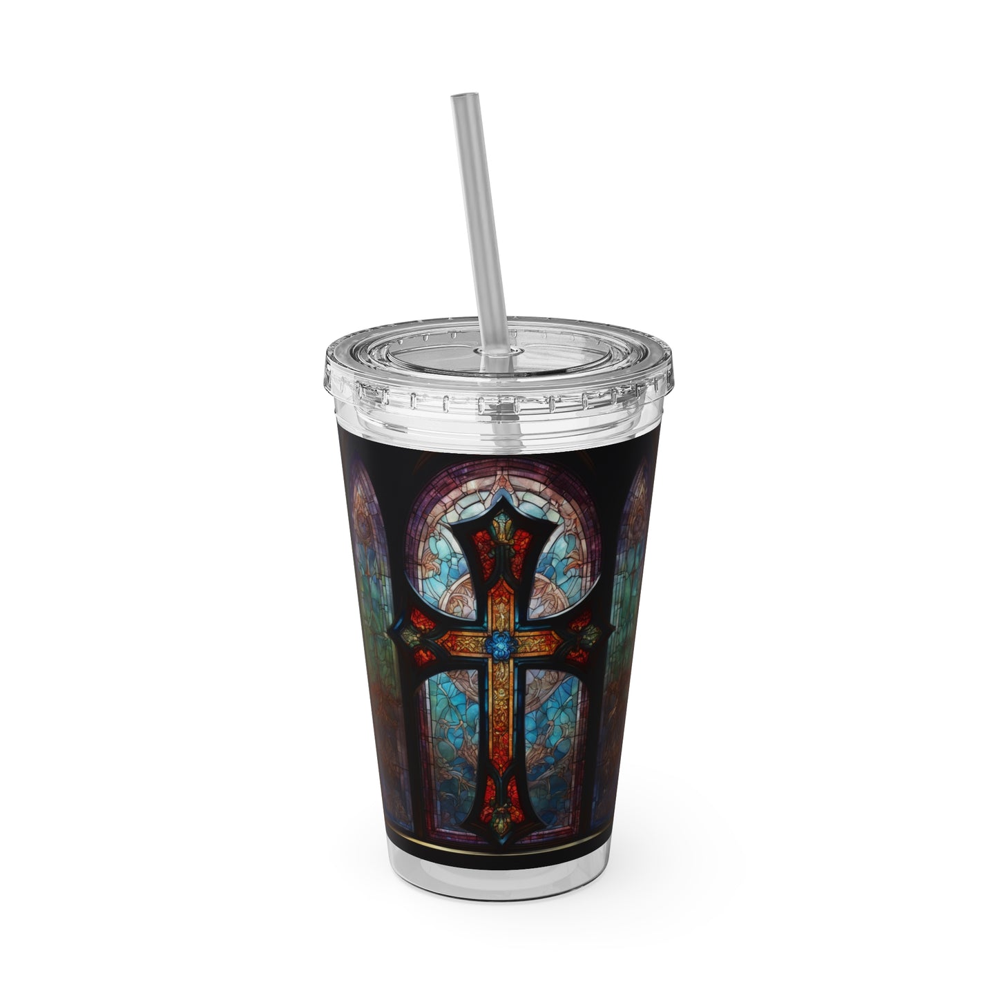 Sunsplash Tumbler with Straw, 16oz Stained Glass Cross