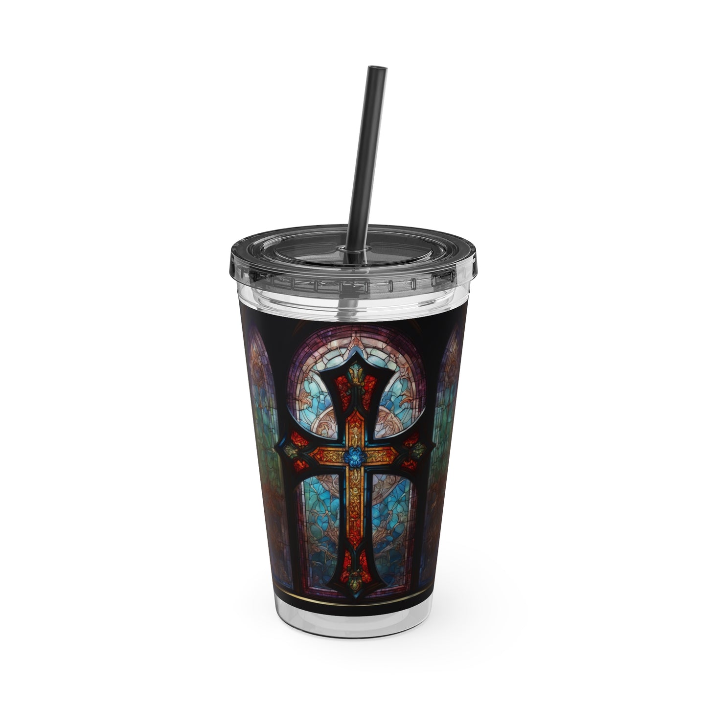 Sunsplash Tumbler with Straw, 16oz Stained Glass Cross