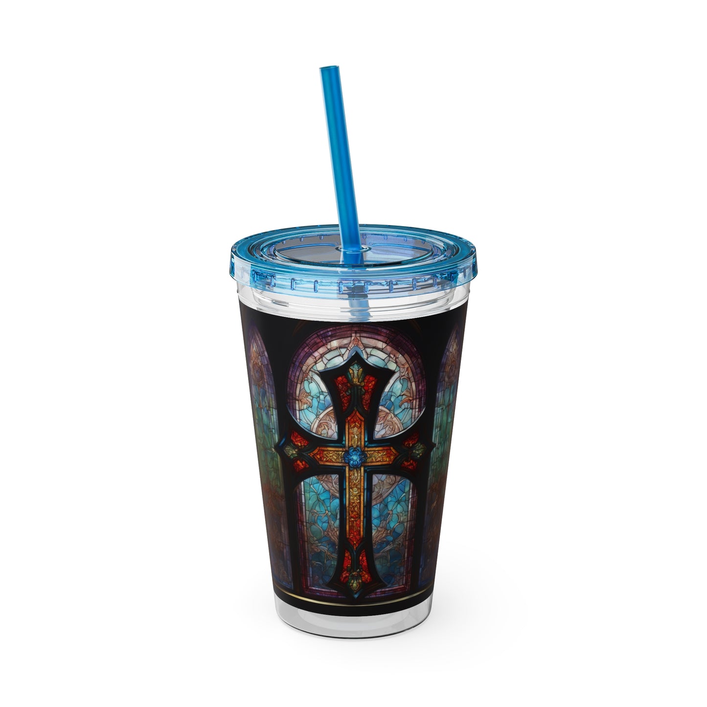 Sunsplash Tumbler with Straw, 16oz Stained Glass Cross