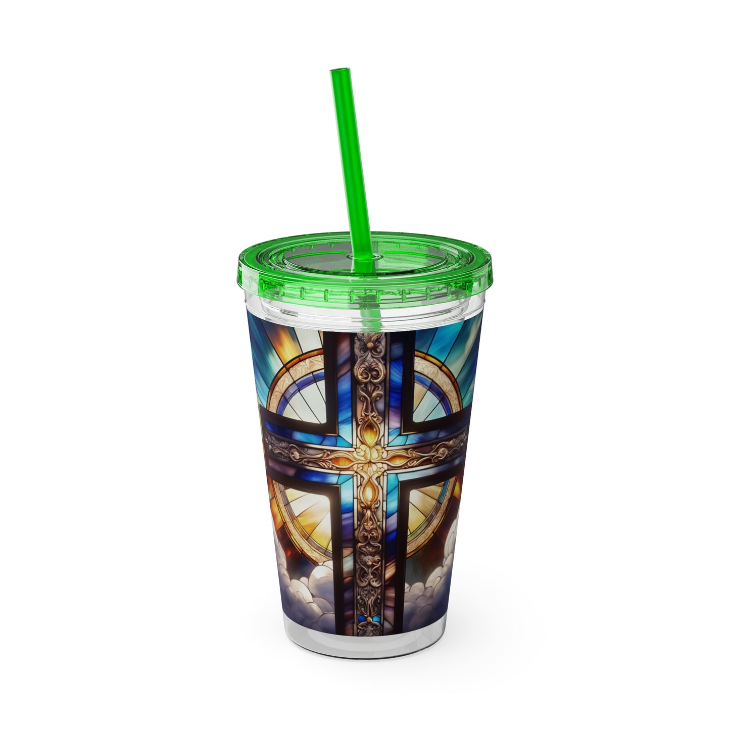 Sunsplash Tumbler with Straw, 16oz Stained Glass Cross 4